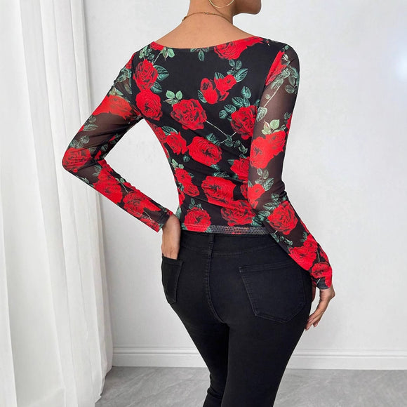 Blusa Estampada Romántica con Rosas y Escote en U