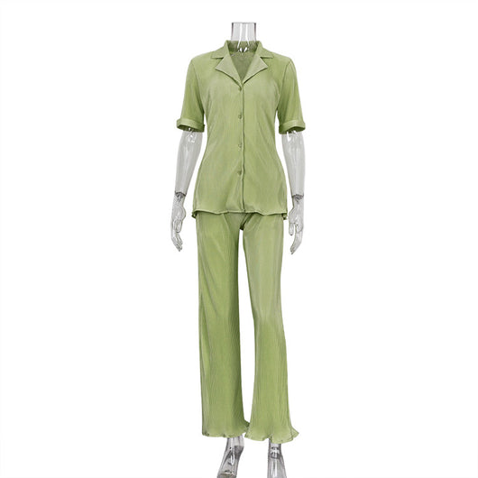 Conjunto Casual: Blusa Verde Manga Corta + Pantalón Plisado Talle Alto - Image 5