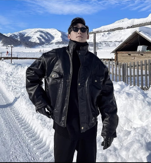 Abrigo de Cuero Piloto Forrado Térmico para Hombre - Talla Grande Invierno - Image 9