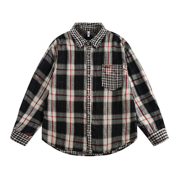 Camisa Cuadros Mujer Primavera Otoño Efecto Dos Piezas Manga Larga Casual
