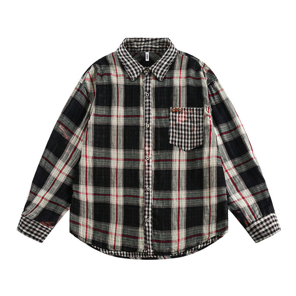 Camisa Cuadros Mujer Primavera Otoño Efecto Dos Piezas Manga Larga Casual