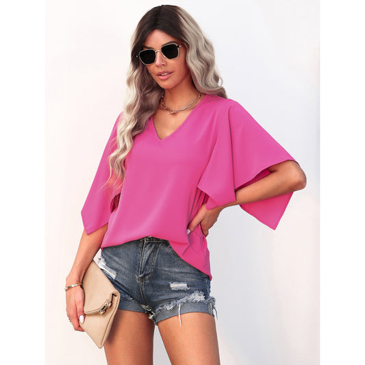 Blusa Clásica V-Escote Manga Corta Colores Lisos - Versátil y Elegante
