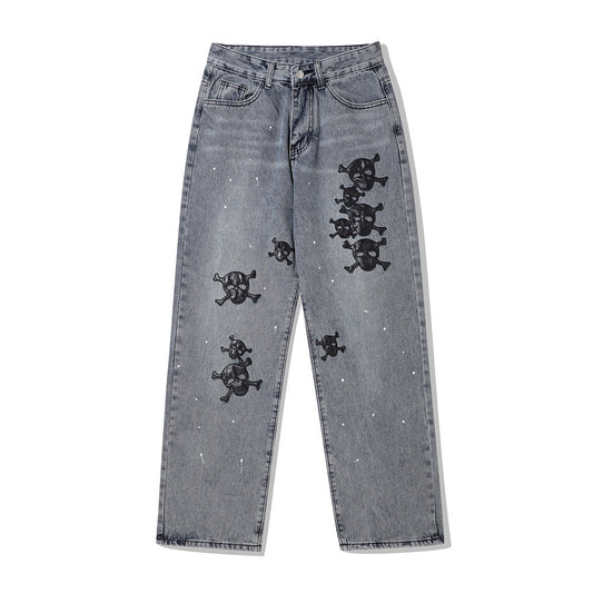 Jeans Azul Lavado con Bordado de Calavera para Hombre
