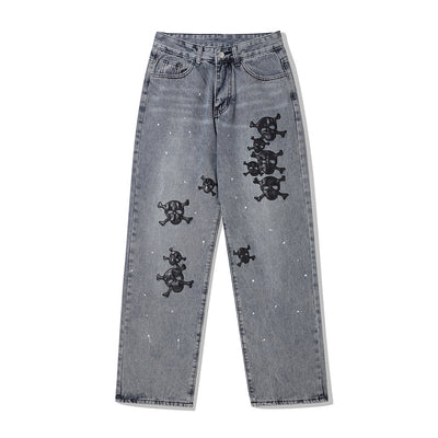 Jeans Azul Lavado con Bordado de Calavera para Hombre