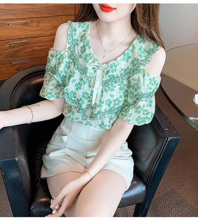 Blusa Chiffon Floral Hombro Descubierto - Camisa Romántica de Manga Corta - Image 25