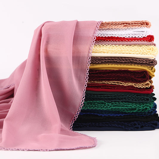 Pañuelo Elegante de Encaje Monocromático y Gasa Perlada para Mujer