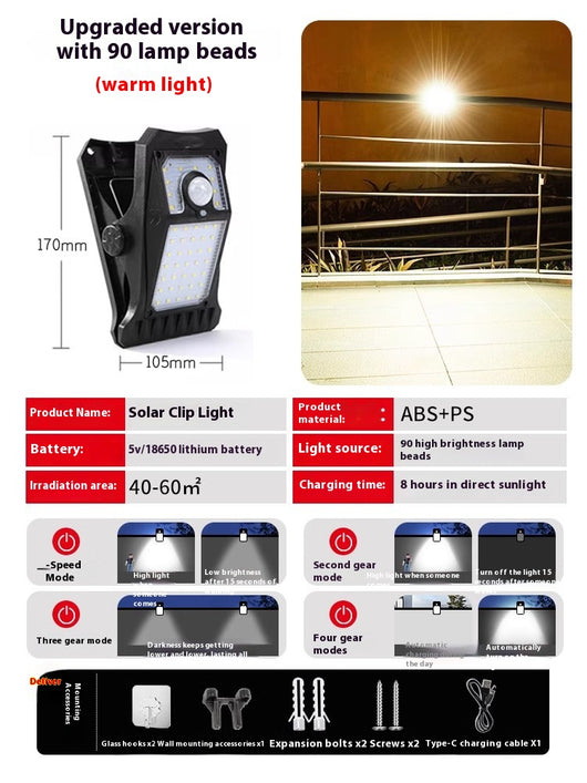 Lámpara Clip Solar con Sensor de Movimiento Corporal Impermeable - Image 2