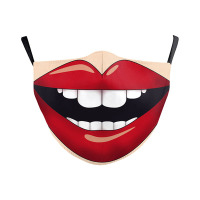 Beige double-layer dust mask with ear hooks, featuring a digital print of a wide, creepy smile with white teeth and red gums. - Image 21