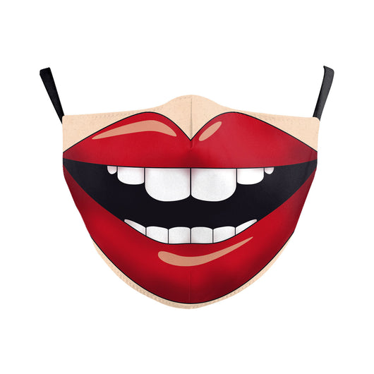 Beige double-layer dust mask with ear hooks, featuring a digital print of a wide, creepy smile with white teeth and red gums. - Image 21