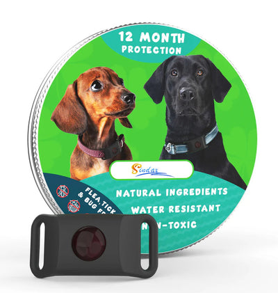 Pink pet collar accessory in front of a circular flea and tick collar label with two dogs. - Image 5