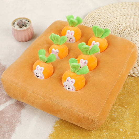 Orange plush carrot-shaped pet toy with four smaller removable carrots, featuring green tops and embroidered sleepy eyes. - Image 7