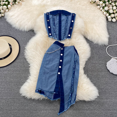 Conjunto Denim Tube Top con Falda Corta Irregular - Image 6