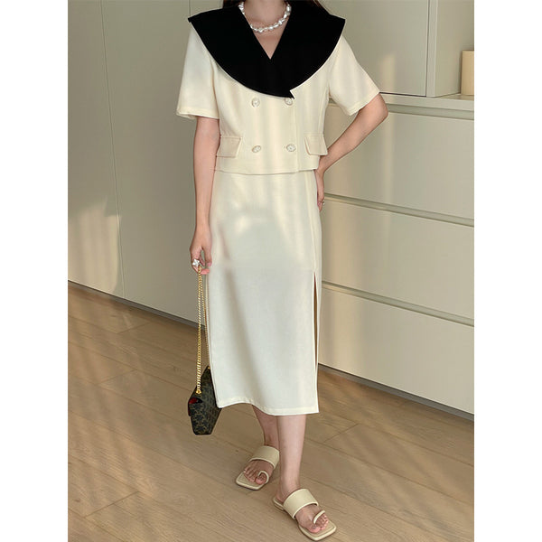 Traje de Solapa Ancha con Patchwork Contrastado y Cintura Alta - Image 5