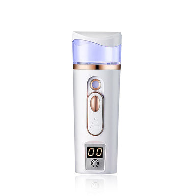 White and rose gold nano spray water meter with a clear tank, digital display, and power button. - Image 14
