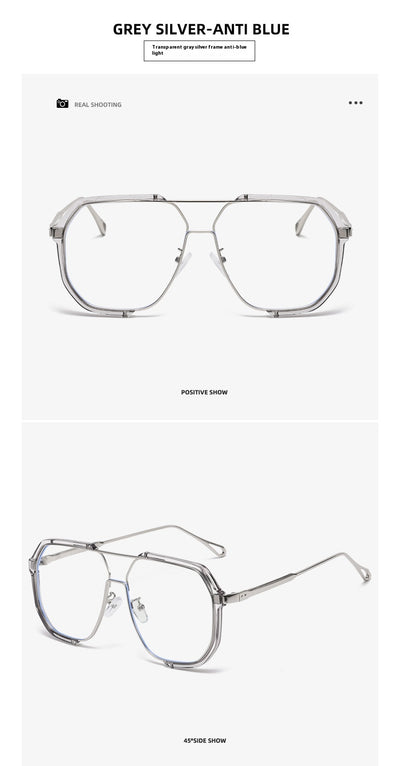 Black and gold polygon sunglasses with dark gray lenses, featuring a trendy concave design and anti-blue light properties. - Image 11