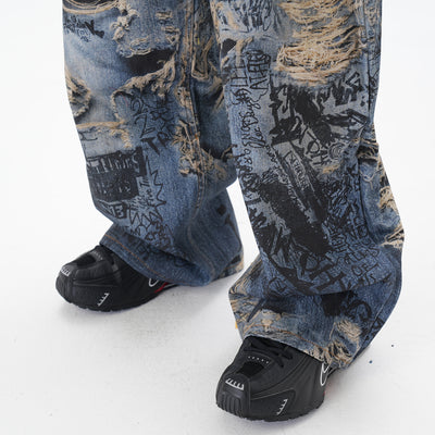 Pantalones Vaqueros Rectos con Estampado 3D Efecto Graffiti Rasgado - Image 18