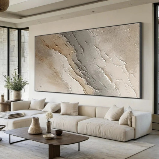 Cuadro Abstracto Texturizado Óleo Sobre Lienzo Beige Gris Olas Decorativo - Image 10