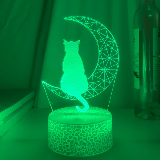 Lámpara LED 3D Decorativa Luna y Gato - Luz Acrílica Interior
