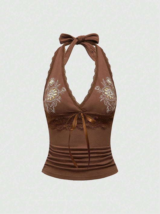 Chaleco Halter de Encaje Floral Bordado Ajustado y Estilizador - Image 4