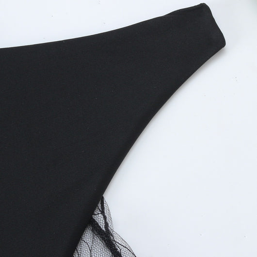 Women's black bikini three-piece set with a spaghetti strap top, matching bottoms, and sheer voile pants with blue butterfly appliques. - Image 4