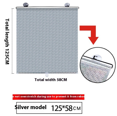 Black perforated roller blind with suction cups for window sun protection, measuring 60x40cm, shown extended. - Image 30
