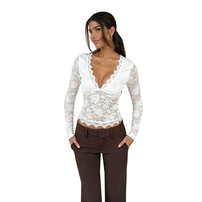 Blusa Elegante de Encaje con Escote en V y Mangas Largas - Image 5