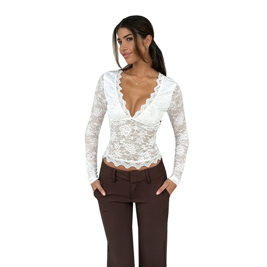 Blusa Elegante de Encaje con Escote en V y Mangas Largas - Image 5
