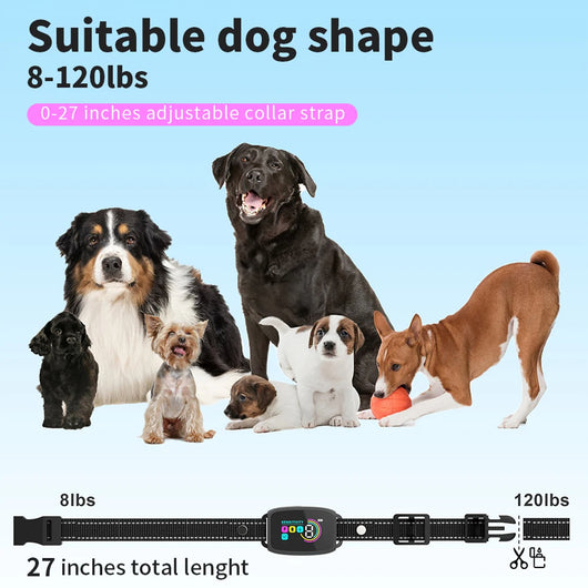 Smart automatic anti-barking dog collar with digital display, portable pet water bottle with food compartment, and a rectangular pet bed. - Image 5