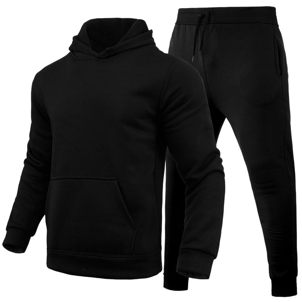 Men's navy blue slim-fit solid color hoodie and matching sweatpants set with drawstring hood and ribbed cuffs.