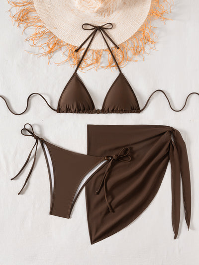 Solid brown three-piece bikini swimsuit set with a triangle top, beaded accessory, and matching sarong skirt. - Image 14