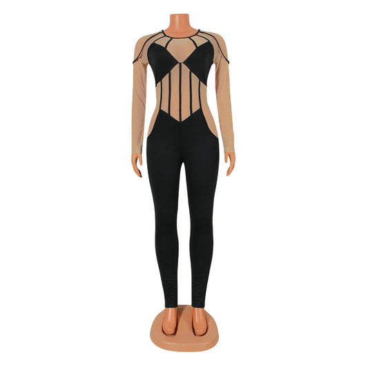 Jumpsuit Transparente con Malla y Combinación de Colores de Manga Larga - Image 8