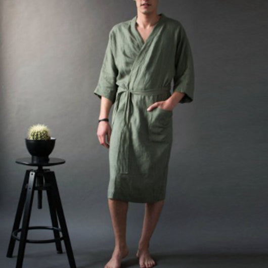 Bata de Lino Larga Unisex de Color Sólido - Pijama Cómodo para Casa - Image 16