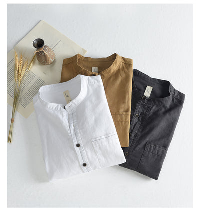 Camisa Casual de Lino y Algodón con Cuello Mao para Hombre - Image 11