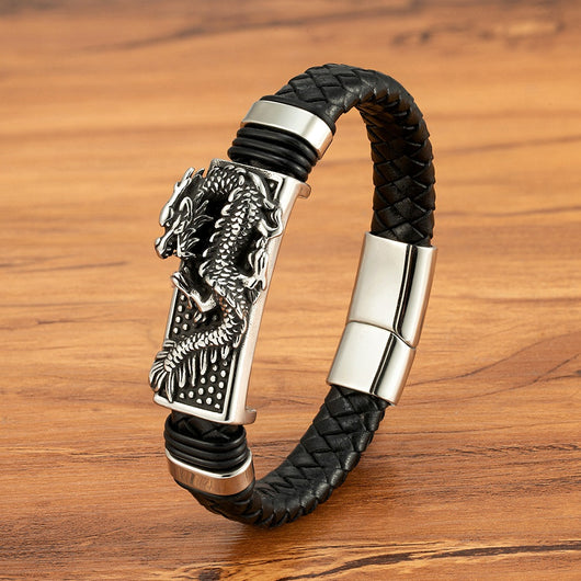 Pulsera Magnética para Hombre con Dragón Pi Xiu - Acero Inoxidable y Cuero con Patrón Leopardo - Image 9