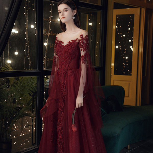 Vestido de Noche Elegante Encaje Borgoña para Mujer