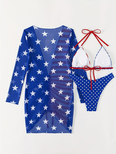 Women's three-piece swimsuit with American flag print, including a halter bikini and a long-sleeved mesh cover-up. - Image 11