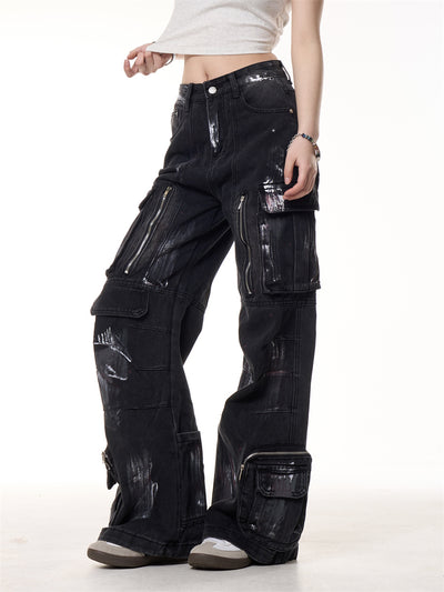 Pantalones de Trabajo Denim Multibolsillos con Diseño Graffiti Vintage - Image 9