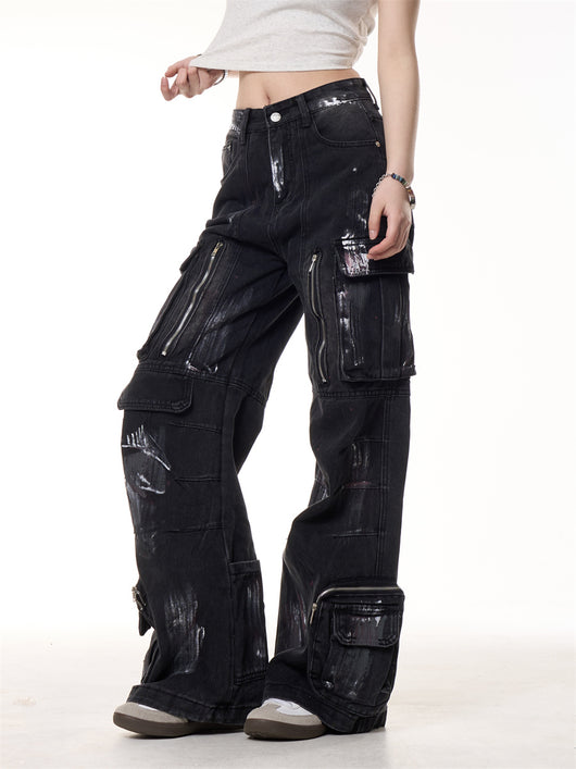 Pantalones de Trabajo Denim Multibolsillos con Diseño Graffiti Vintage - Image 9