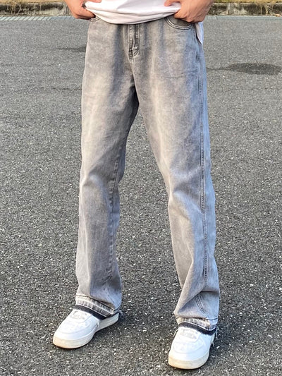 Jeans Rectos Gris Desteñido con Orilla Cruda - Estilo Retro Americano - Image 6