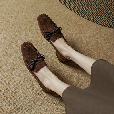 Zapatos de Tacón Grueso con Punta Cuadrada y Moño - Comodidad Premium en Cuero Dividido - Image 4
