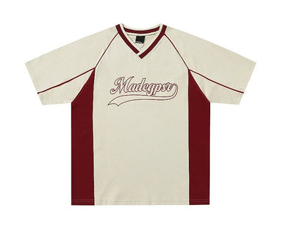 Men's khaki and red color contrast patchwork t-shirt with short raglan sleeves and a V-neck. - Image 8