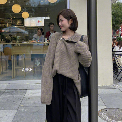 Cardigan Tejido Negro con Cierre Lateral - Suéter Grueso Holgado Camel - Image 4