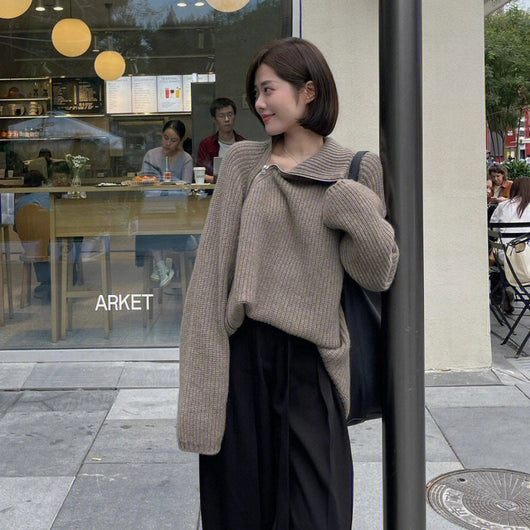 Cardigan Tejido Negro con Cierre Lateral - Suéter Grueso Holgado Camel - Image 4