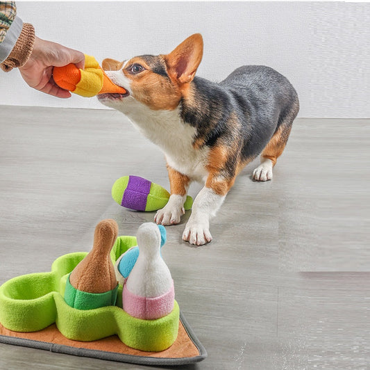 Colorful pet puzzle toy with bowling pin shapes and a chicken drumstick, designed for slow feeding and training. - Image 2