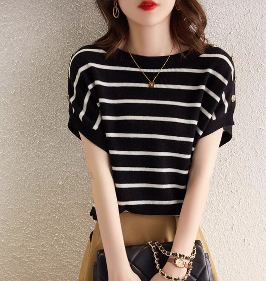 Blusa Rayada Ice Silk Manga Corta Ajustada y Cubriente - Image 12