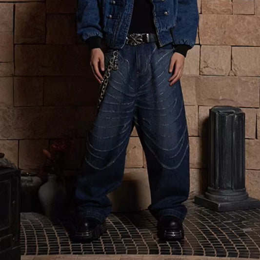 Jeans Anchos Desgastados con Diseño de Gato, Barba y Strass Brillantes