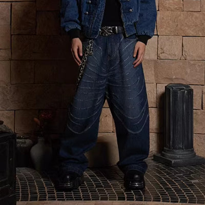 Jeans Anchos Desgastados con Diseño de Gato, Barba y Strass Brillantes