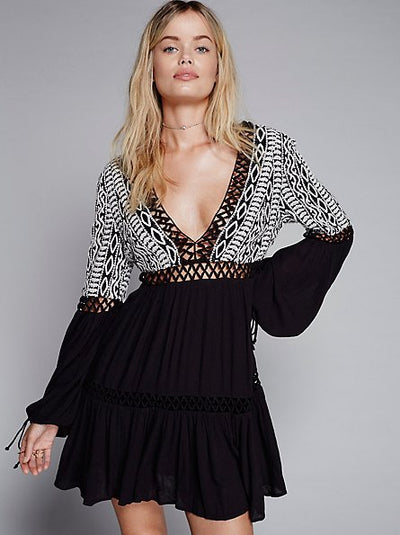 Vestido V-escote con Detalles Bordados y Recortes - Image 9