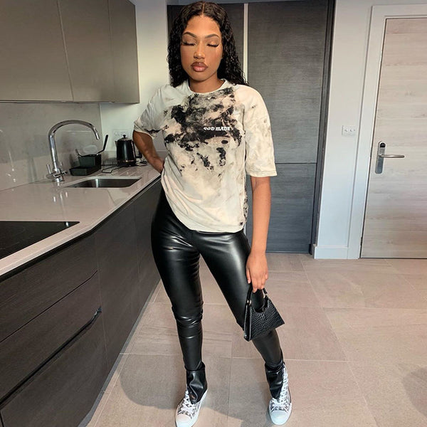 Pantalones de Cuero PU Cintura Alta Ajustados con Abertura