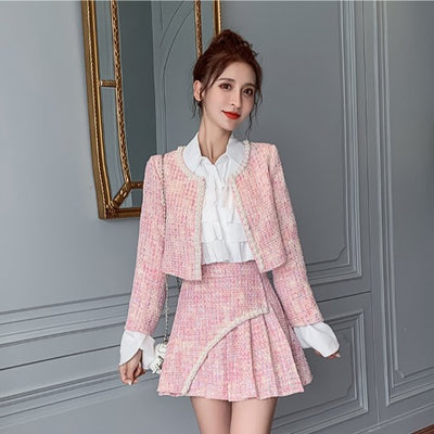 Conjunto Elegante de Chaqueta Tweed y Blusa Plisada para Mujer